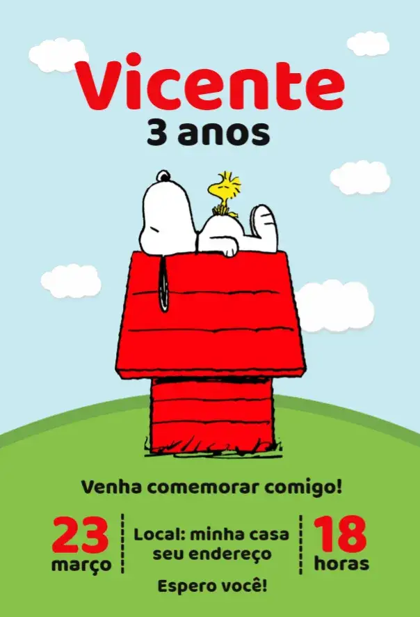 Convite Snoopy 1 – tema Aniversário colorido, divertido, infantil, temático, moderno, ilustrações do Snoopy