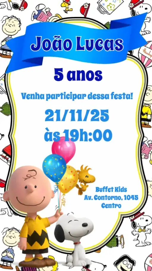 Convite Snoopy – tema Aniversário Infantil desenho animado, quadrinhos, festivo