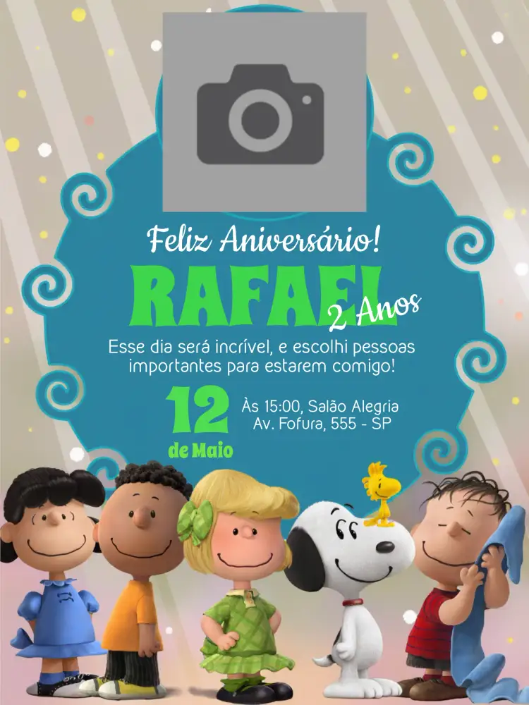 Convite Snoopy E A Turma Do Charlie Brown Com Foto Azul – tema Aniversário Infantil azul, infantil, divertido, colorido, ilustrações, personagens