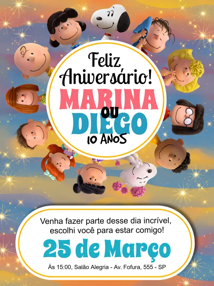 Convite Snoopy E A Turma Do Charlie Brown Peanuts – tema Aniversário Infantil colorido, divertido, animado, infantil, lúdico