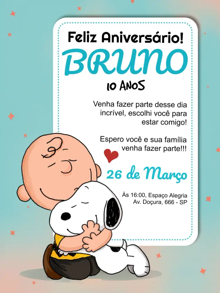 Convite Snoopy E A Turma Do Charlie Brown Snoppy – tema Aniversário Infantil infantil, colorido, divertido, ilustrações clássicas, tema de desenho animado