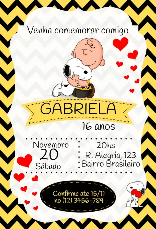 Convite Snoopy e Charlie Brown – tema Aniversário Infantil colorido, lúdico, divertido, ilustrações de personagens, estilo infantil, temática Peanuts
