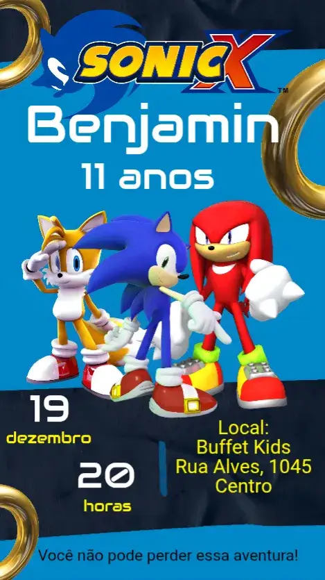 Convite Sonic – tema Aniversário Infantil moderno, colorido, jogos, divertido, infantil, animado