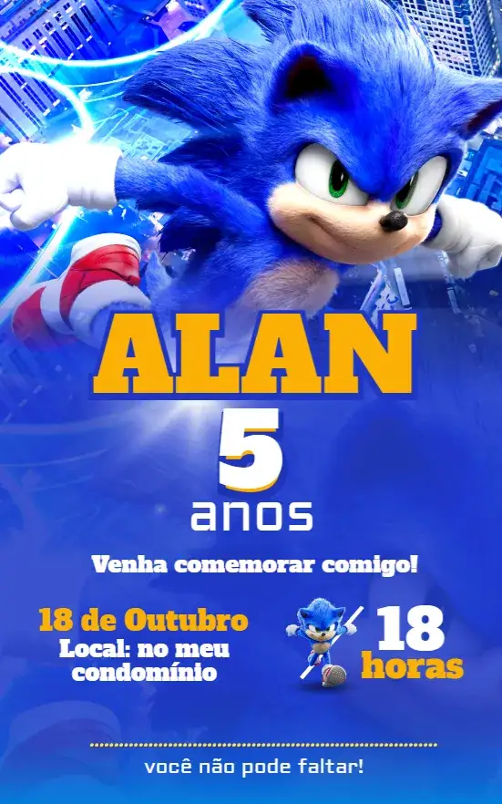Convite Sonic – tema Aniversário Infantil colorido, moderno, temático, jovial, divertido