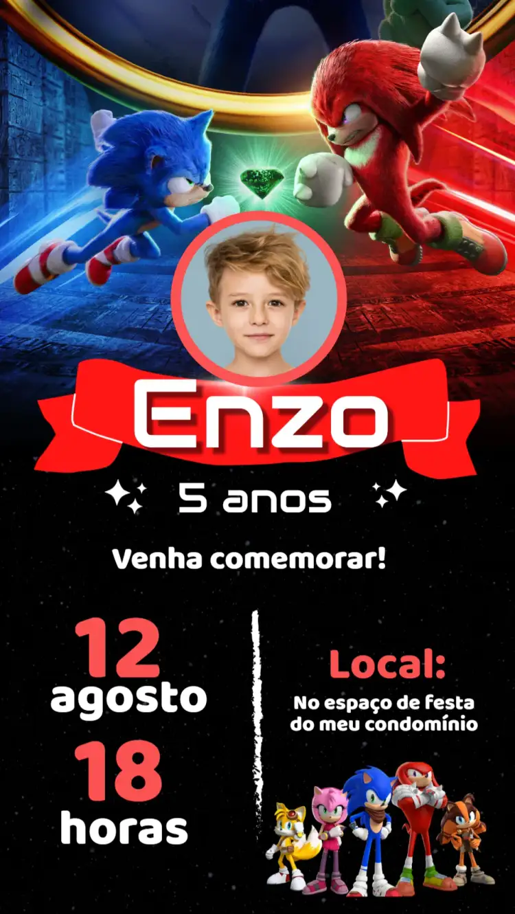Convite Sonic – tema Aniversário Infantil colorido, jogos, divertido, animado, moderno, temático