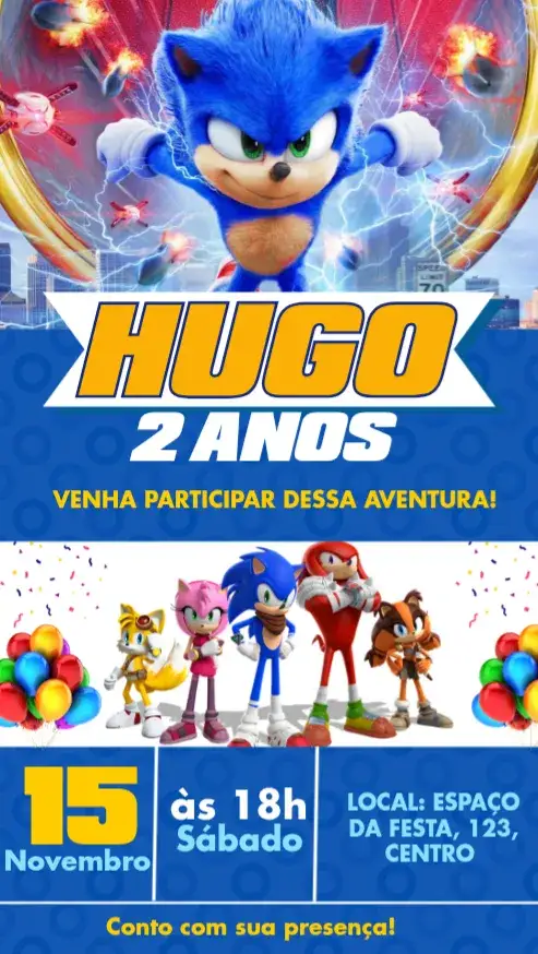 Convite Sonic – tema Aniversário Infantil moderno, colorido, divertido, temático, infantil, animado