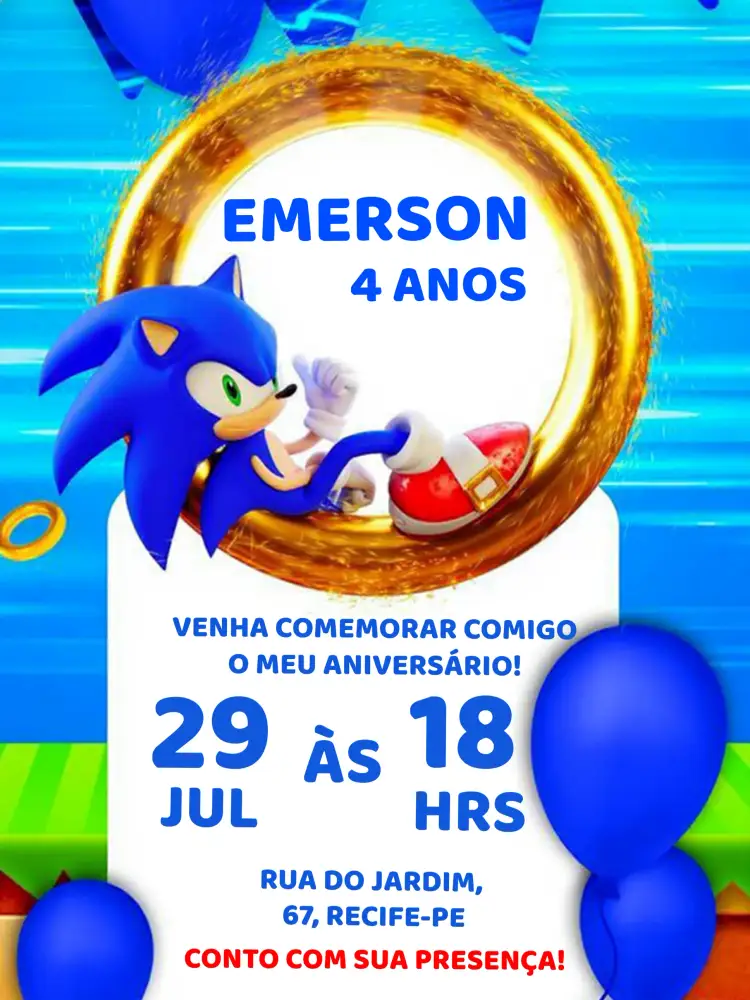 Convite Sonic – tema Mais pesquisados colorido, moderno, divertido, jogos, infantil, temático