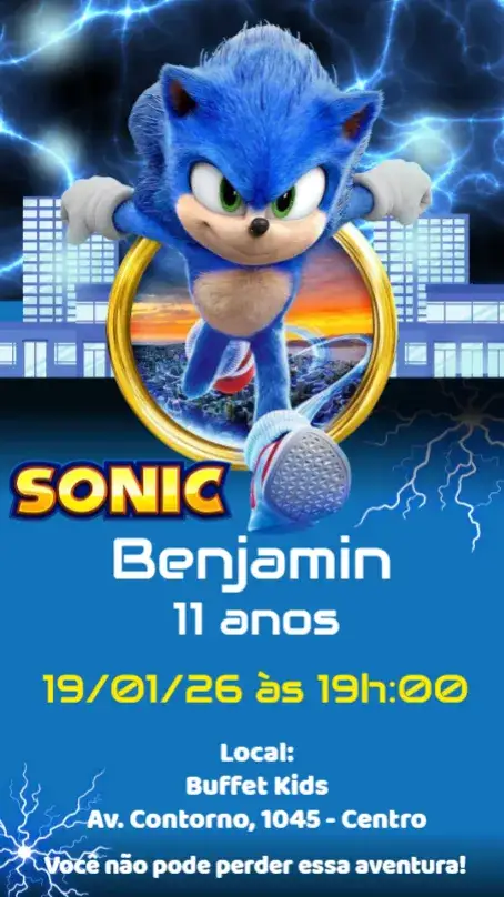Convite Sonic – tema Aniversário Infantil colorido, divertido, jogos, moderno, temático