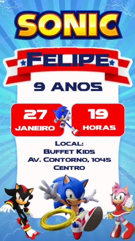 Convite Sonic – tema Aniversário Infantil colorido, divertido, temático, jogos, vibrante