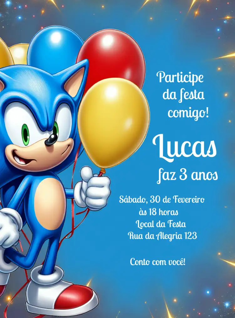 Convite Sonic – tema Mais pesquisados divertido, colorido, jogos, infantil, animado, temático