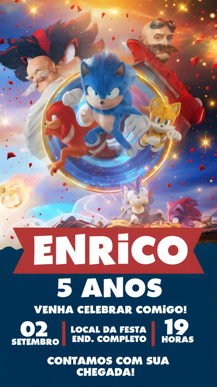 Convite Sonic 3 Filme – tema Mais pesquisados colorido, temático, divertido, infantil, jogos