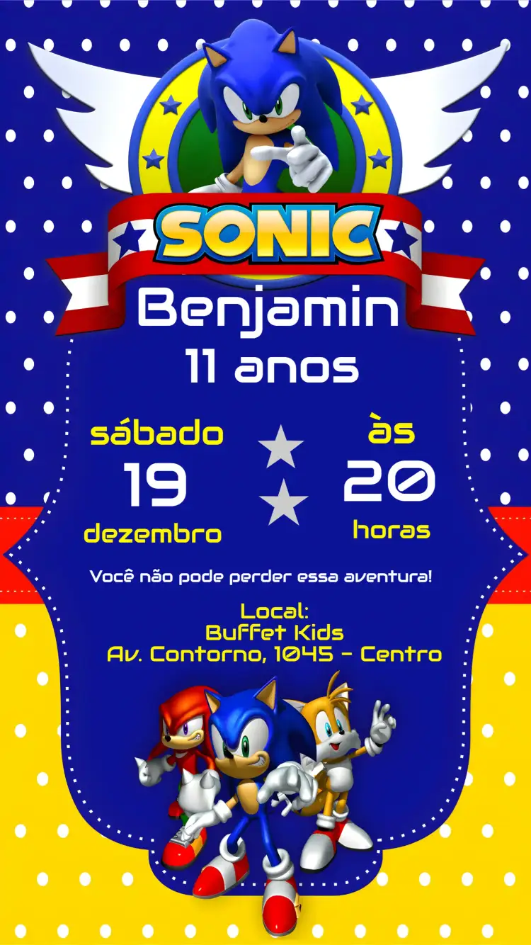 Convite Sonic – tema Aniversário vibrante, divertido, colorido, jovial, temática de games