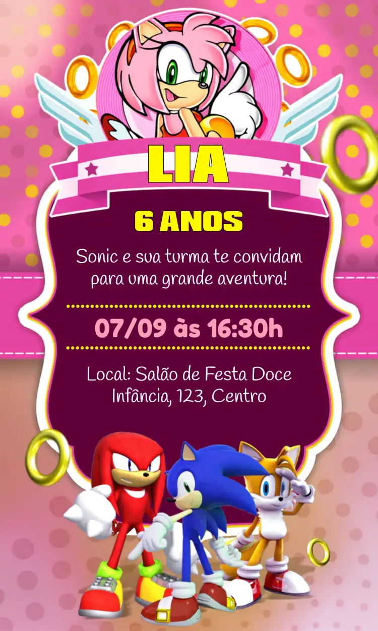 Convite Sonic Amy Rose Rosa – tema Mais pesquisados cores vibrantes, estilo divertido, elementos gráficos do Sonic, design moderno, tema rosa e amarelo