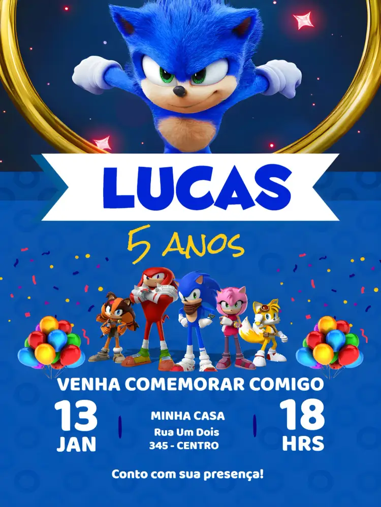 Convite Sonic Azul Sega