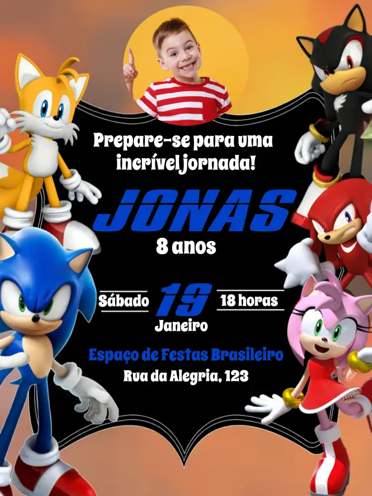 Convite Sonic Com Foto Azul
