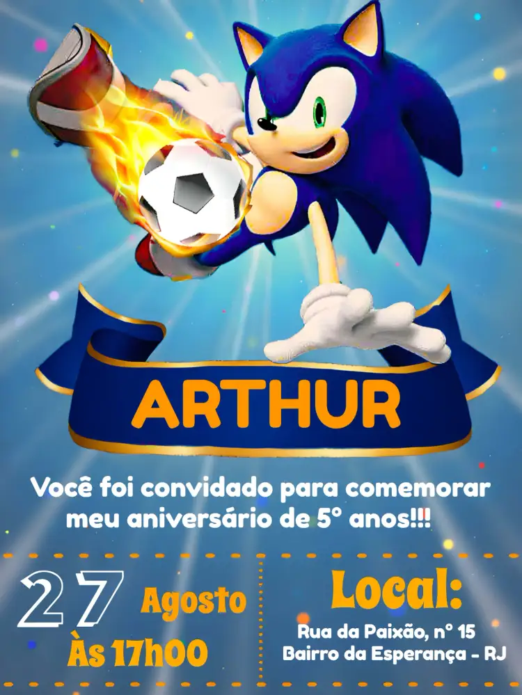 Convite Sonic Digital – tema Mais pesquisados moderno, divertido, colorido, jovem, dinâmico