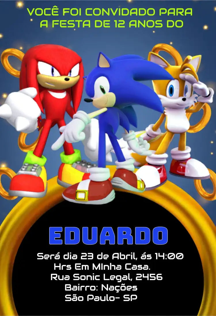 Convite Sonic E Amigos Jogo – tema Mais pesquisados colorido, divertido, temático, jogos, moderno