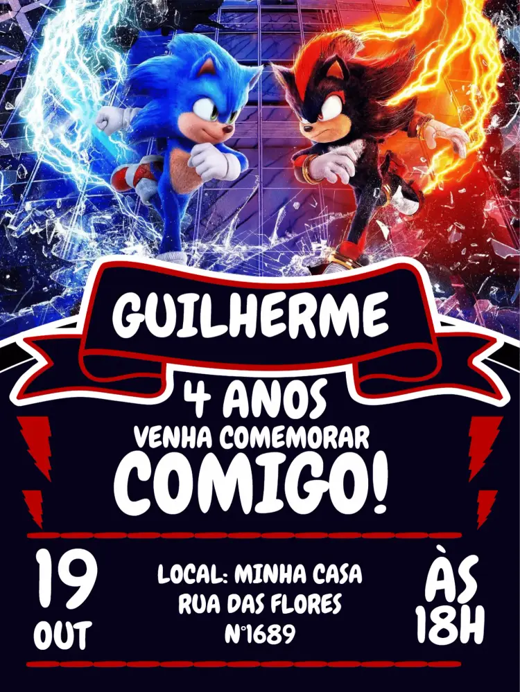 Convite Sonic E Shadow Infantil