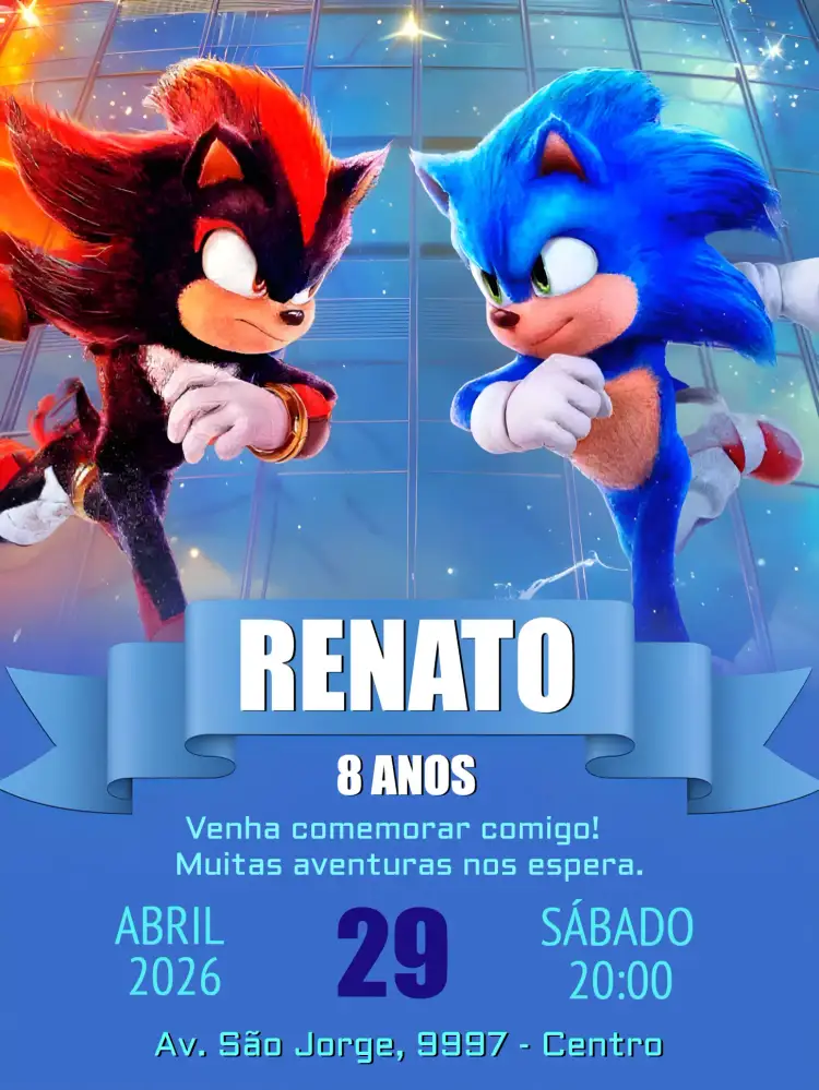 Convite Sonic E Shadows 3 – tema Mais pesquisados azul, temática de jogos, personagens animados, divertido, moderno