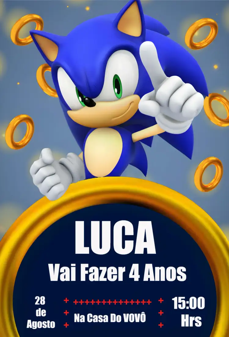 Convite Sonic Filme – tema Mais pesquisados azul, dourado, diversão, temática de games, moderno, infantil