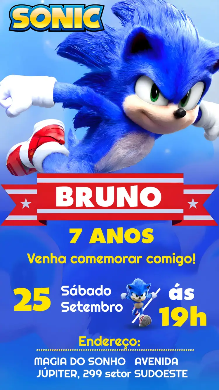 Convite Sonic Filme – tema Mais pesquisados azul, moderno, temático, divertido, infantil