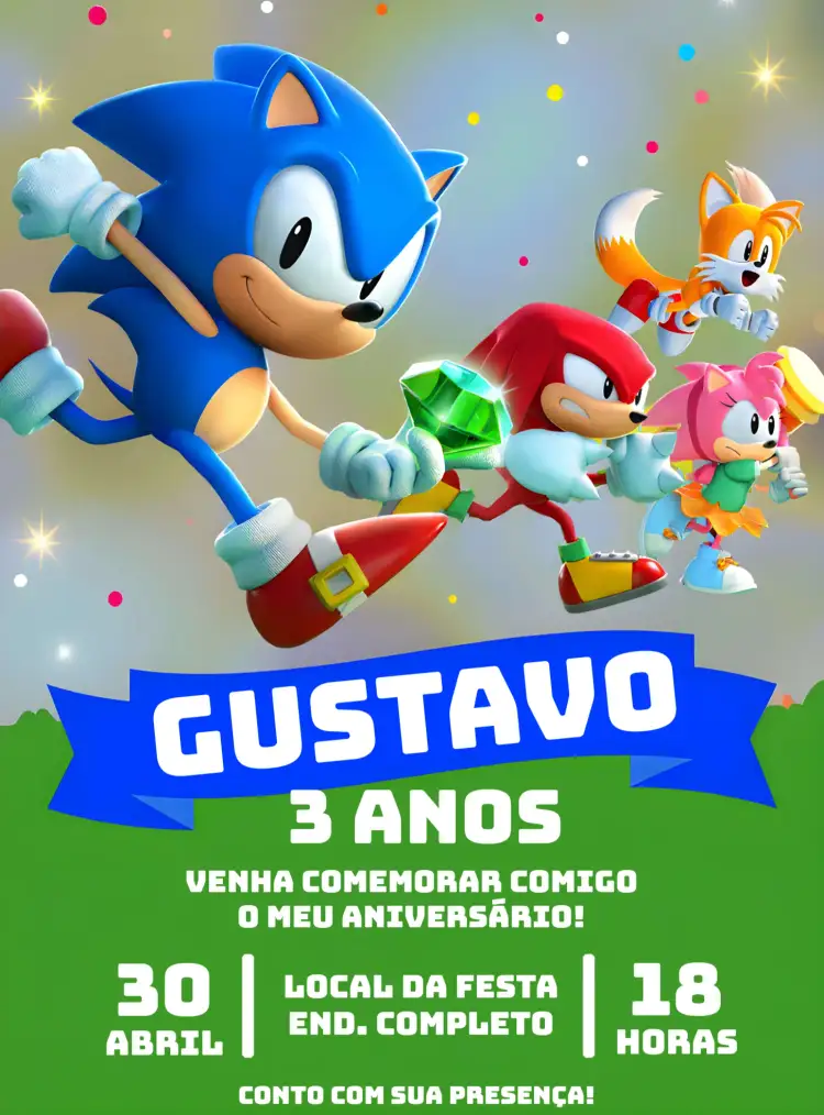 Convite Sonic Floresta – tema Mais pesquisados colorido, aventura, jovial, dinâmico, fantasia