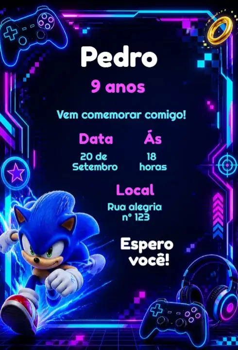 Convite Sonic Gamer – tema Aniversário Infantil cores vibrantes, estilo gamer, elementos gráficos de jogos, ilustrações do Sonic, design divertido, temática de aventura