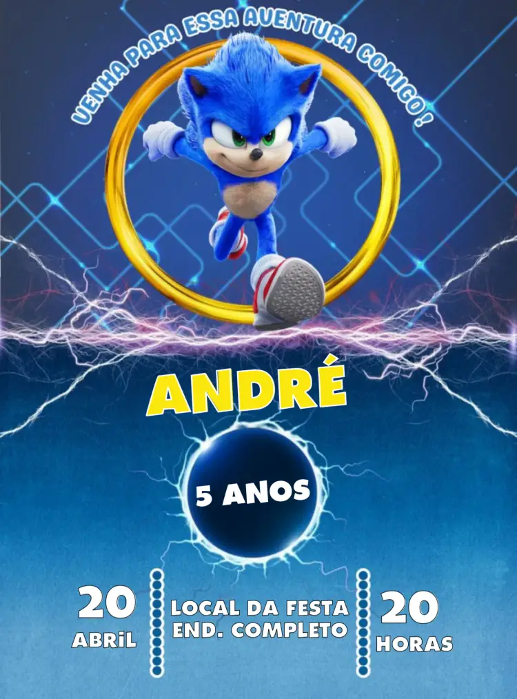 Convite Sonic Hedgehog editável e personalizável