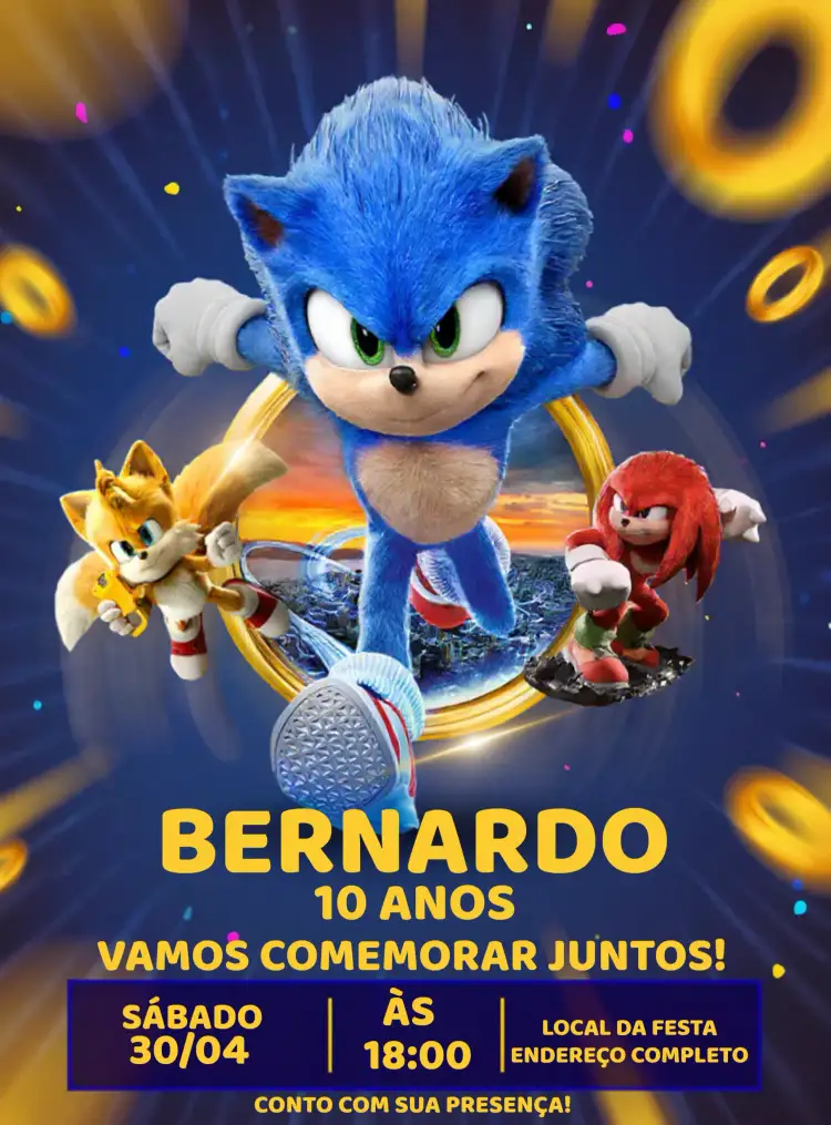 Convite Sonic Infantil – tema Mais pesquisados azul, divertido, temático, infantil, colorido