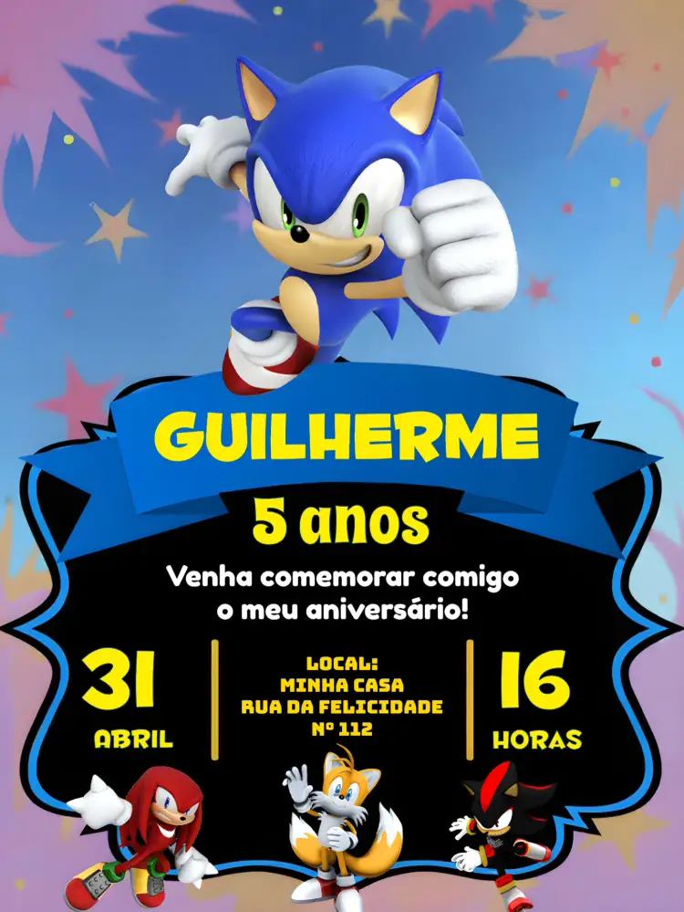Convite Sonic Infantil – tema Mais pesquisados cores vibrantes, estilo gamer, elementos da cultura pop, design animado, temática de jogos, visual infantil