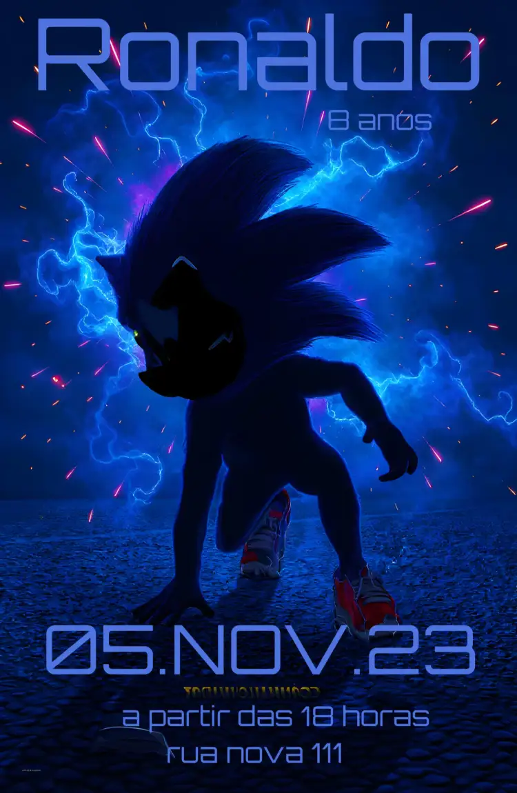 Convite Sonic Jogo – tema Mais pesquisados azul vibrante, temático de jogos, divertido e colorido, estilo cartoon, inspirado em videogames