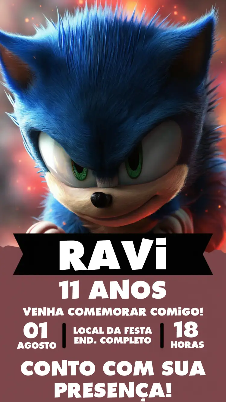 Convite Sonic Knucles – tema Aniversário Infantil colorido, moderno, temático, jovial, divertido, dinâmico