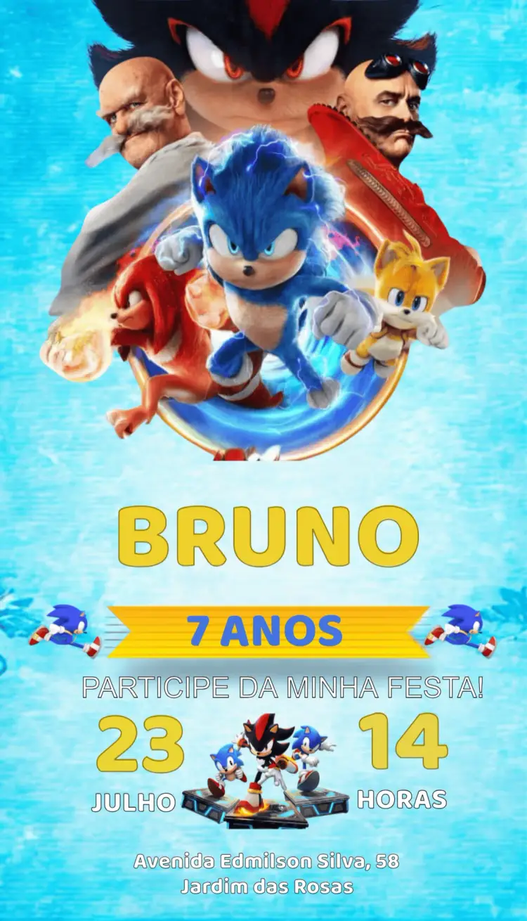 Convite Sonic Knukes editável e personalizável