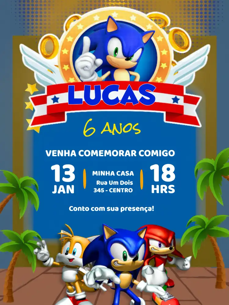 Convite Sonic Sega – tema Mais pesquisados azul, jogos, moderno, divertido, infantil