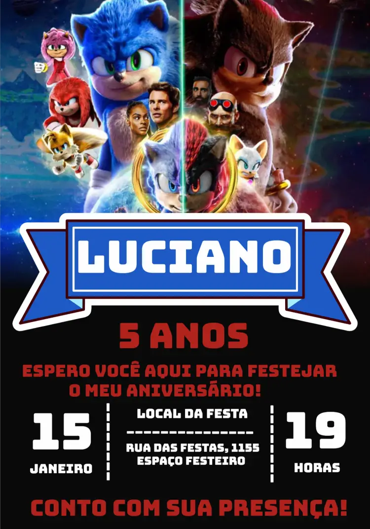 Convite Sonic The Hedgehog Festa