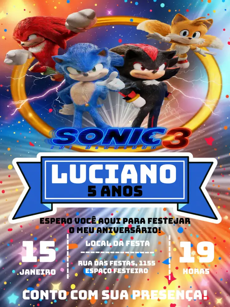Convite Sonic The Hedgehog Tails – tema Aniversário Infantil colorido, jogos, infantil, divertido, dinâmico, temático