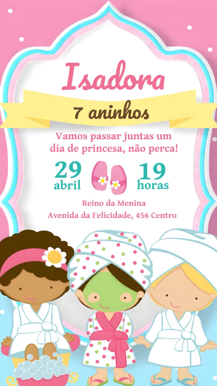 Convite Spa Infantil – tema Mais pesquisados colorido, divertido, estilo spa, temática infantil, brilhante, alegre