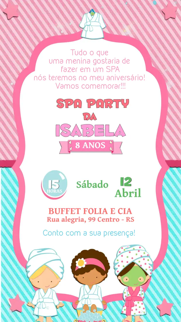 Convite Spa Menina Pijama – tema Mais pesquisados rosa suave, estilo lúdico, elementos de spa, toque divertido, design moderno