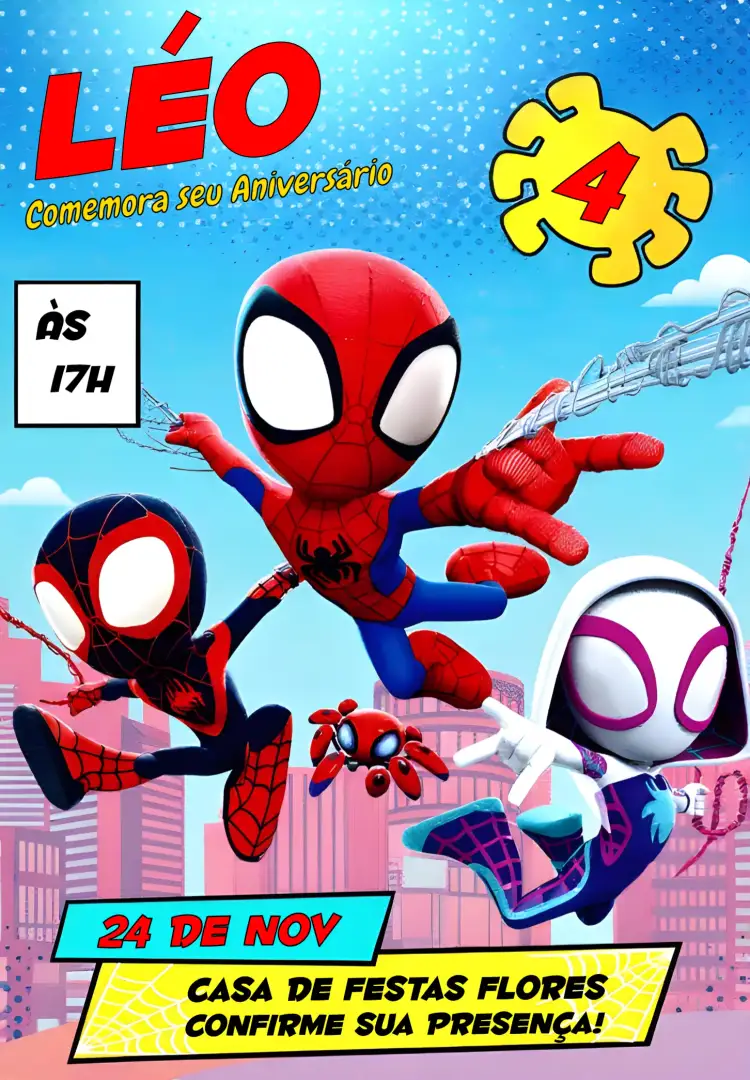 Convite Spidey Amazing Friends Home – tema Mais pesquisados colorido, divertido, temático, infantil, moderno