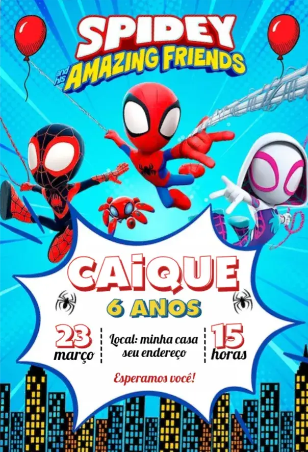 Convite Spidey e seu amigos 2 – tema Aniversário colorido, temático, divertido, dinâmico, super-heróis