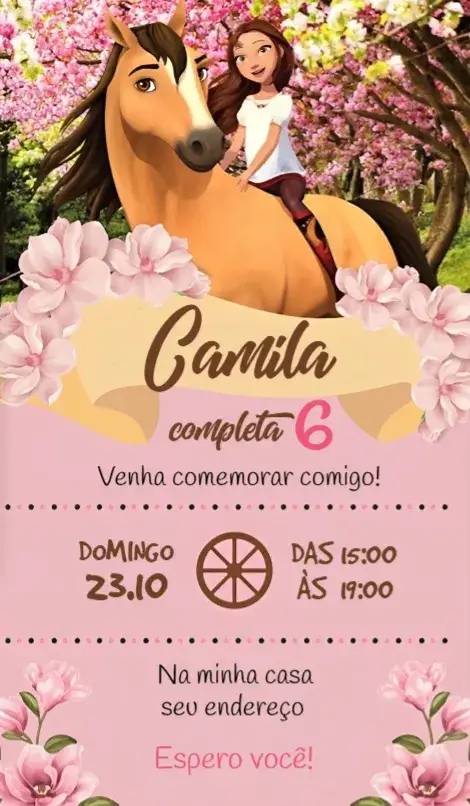 Convite Spirit Corsel – tema Aniversário rosa, lúdico, fantasia, cavalos, infantil, alegre
