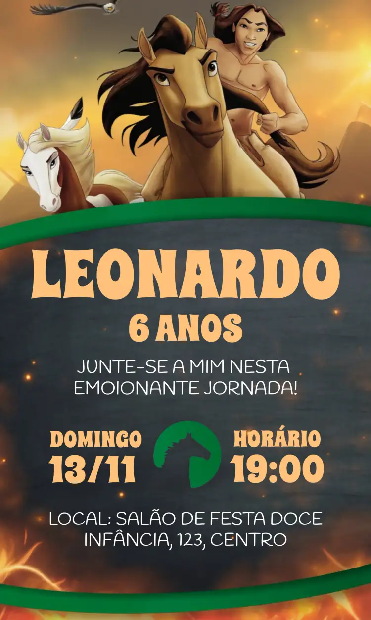 Convite Spirit O Corcel Indomável Menino Festa – tema Mais pesquisados aventura, natureza, cavalo, verde, infantil, temático