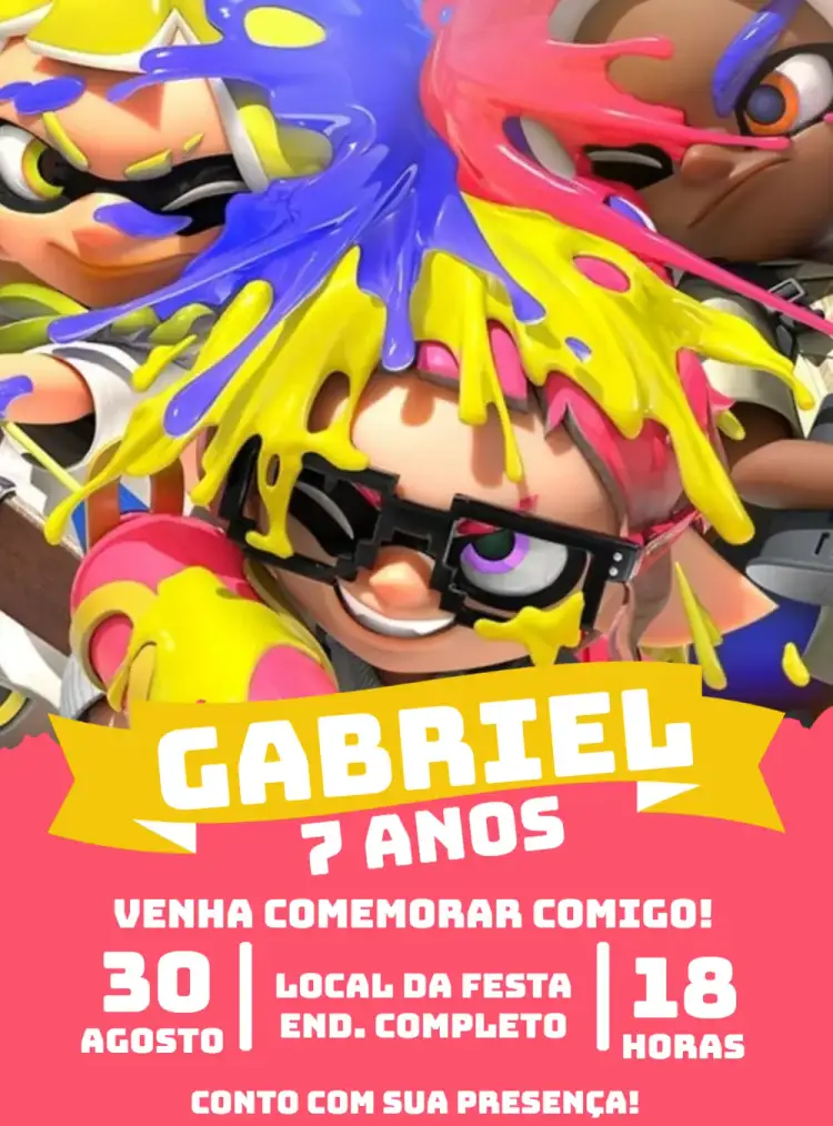 Convite Splatoon Jogo – tema Primeira Comunhão colorido, moderno, jogos, vibrante, divertido