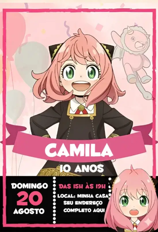Convite Spy x Family 1 – tema Aniversário colorido, divertido, moderno, anime, infantil
