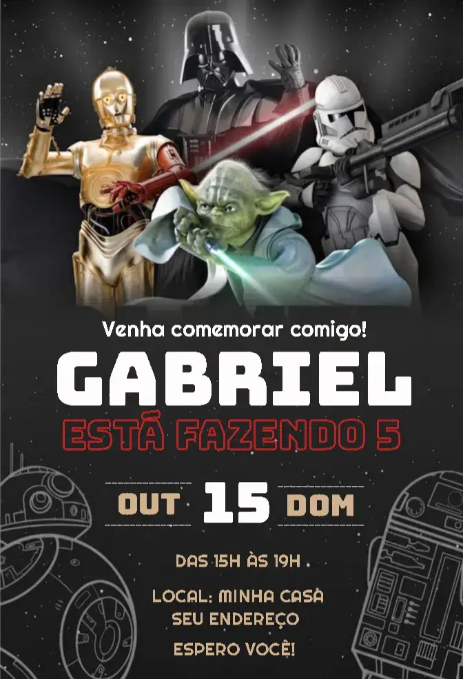Convite Star Wars 1 – tema Aniversário Infantil galáctico, futurista, colorido, sci-fi, brilhante, temático