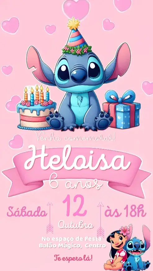 Convite Stitch aniversário rosa