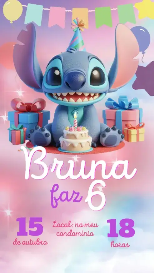 Convite Stitch aniversário – tema Cartão colorido, divertido, lúdico, moderno, feminino, alegre