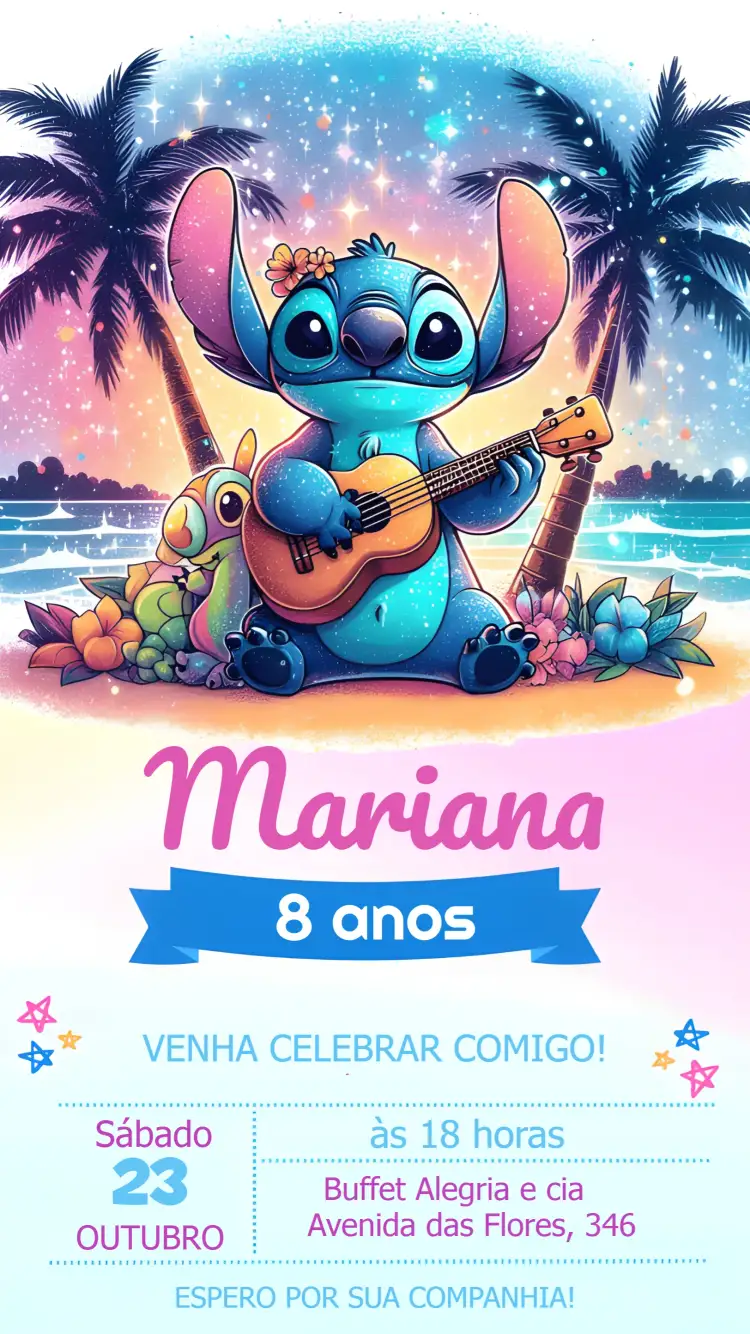 Convite Stich Colorido – tema Mais pesquisados colorido, floral, divertido, infantil, temático, vibrante