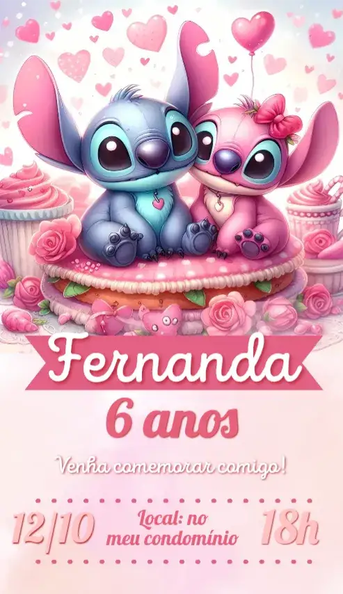 Convite Stitch e Angel cakes rosa – tema Aniversário Infantil cores pastel, Disney, ilustrações divertidas, temática infantil, estilo alegre
