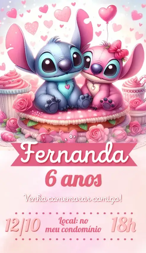 Convite Stitch e Angel cakes rosa